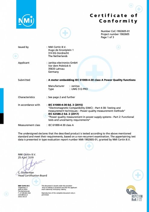 Сертификат соответствия анализатора элекnроэнергии UMG512 стандарту EN61000 4.30