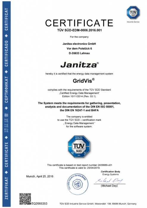 Сертифкат ISO50001 Janitza Gridvis